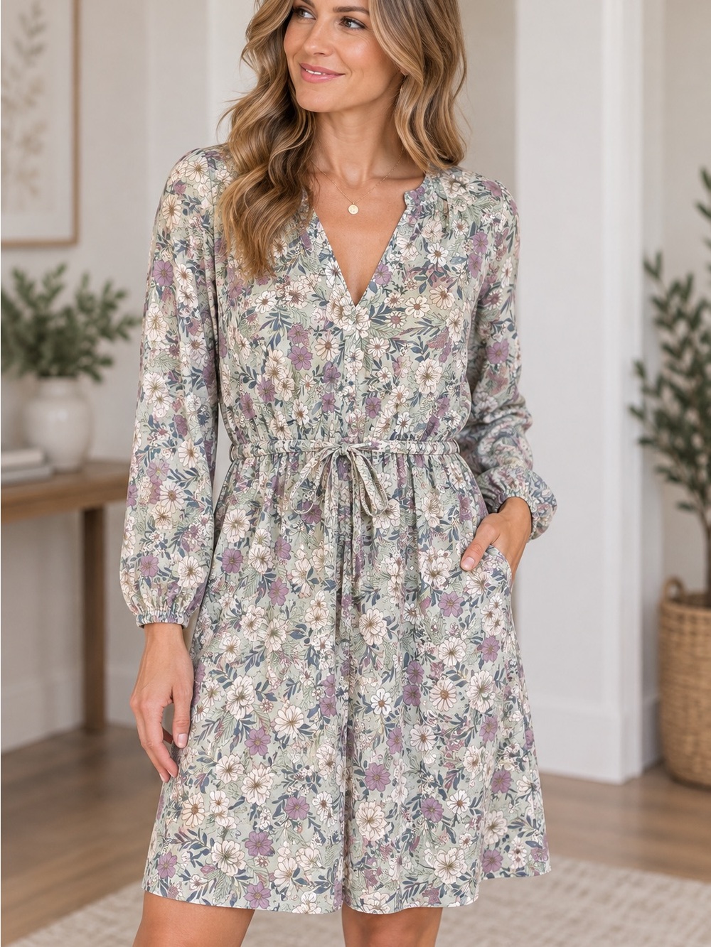 Floral V-Neck Tie-Waist Dress in Sage Floral